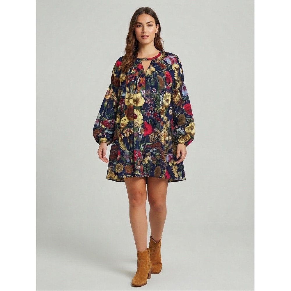 Umgee USA Floral Long Sleeve Keyhole Babydoll Tunic Dress Large Boho Festival